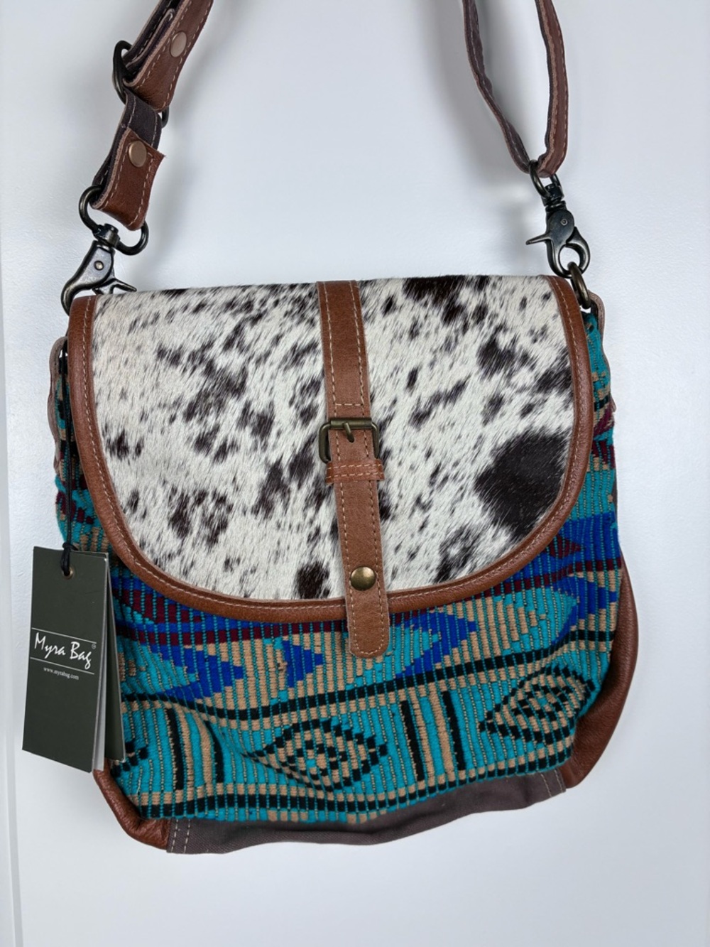 NWT Myra Teal Aztec Crossbody Bag with Brown Leather & Haircalf Flap - Picture 2 of 7